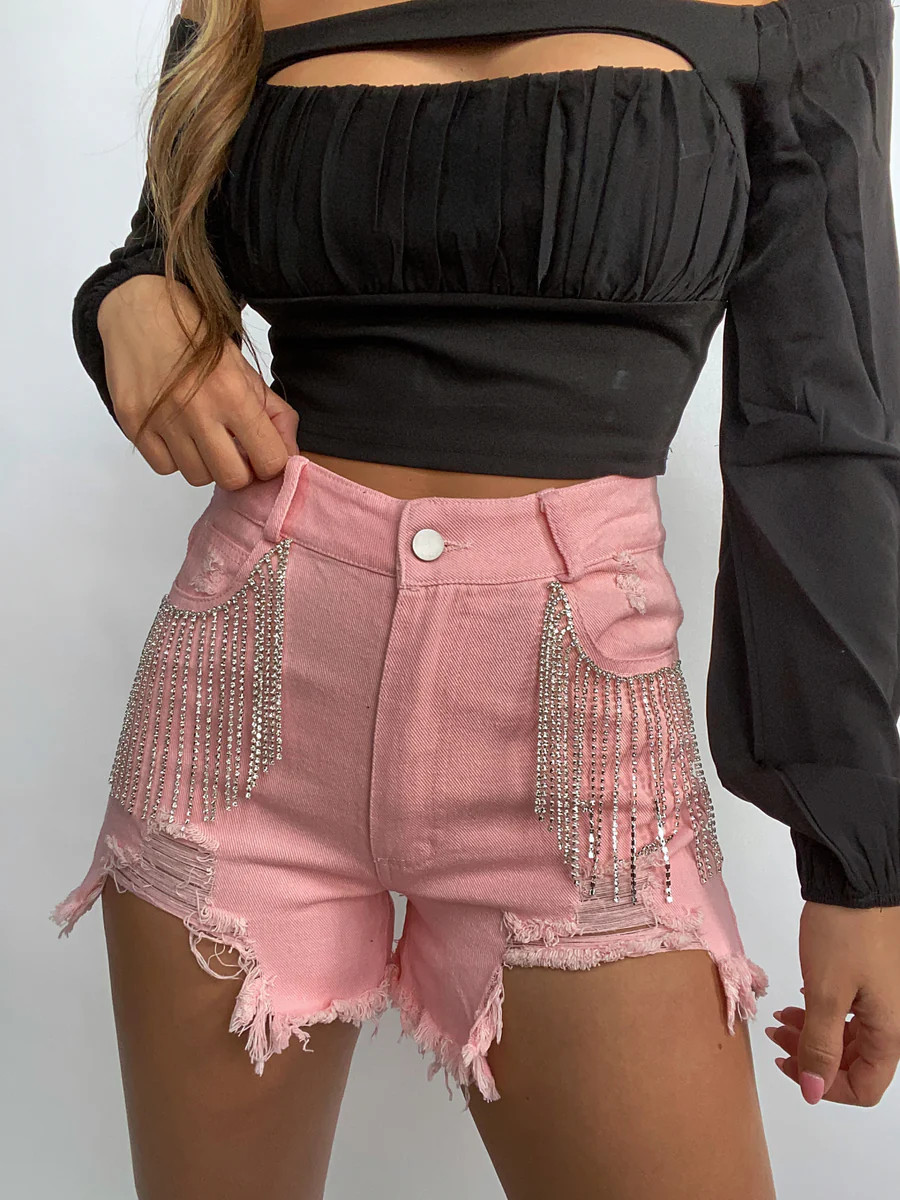 Cotton Candy Rhinestone Denim Pink Shorts | Willow Boutique