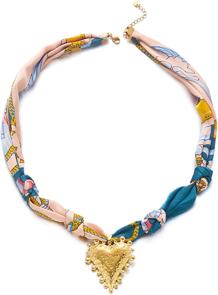 LUREME Boho Fabric Scarf Necklace for Women, Stainless Steel Charm Ribbon Neck Wrap Jewelry Gift ... | Amazon (US)