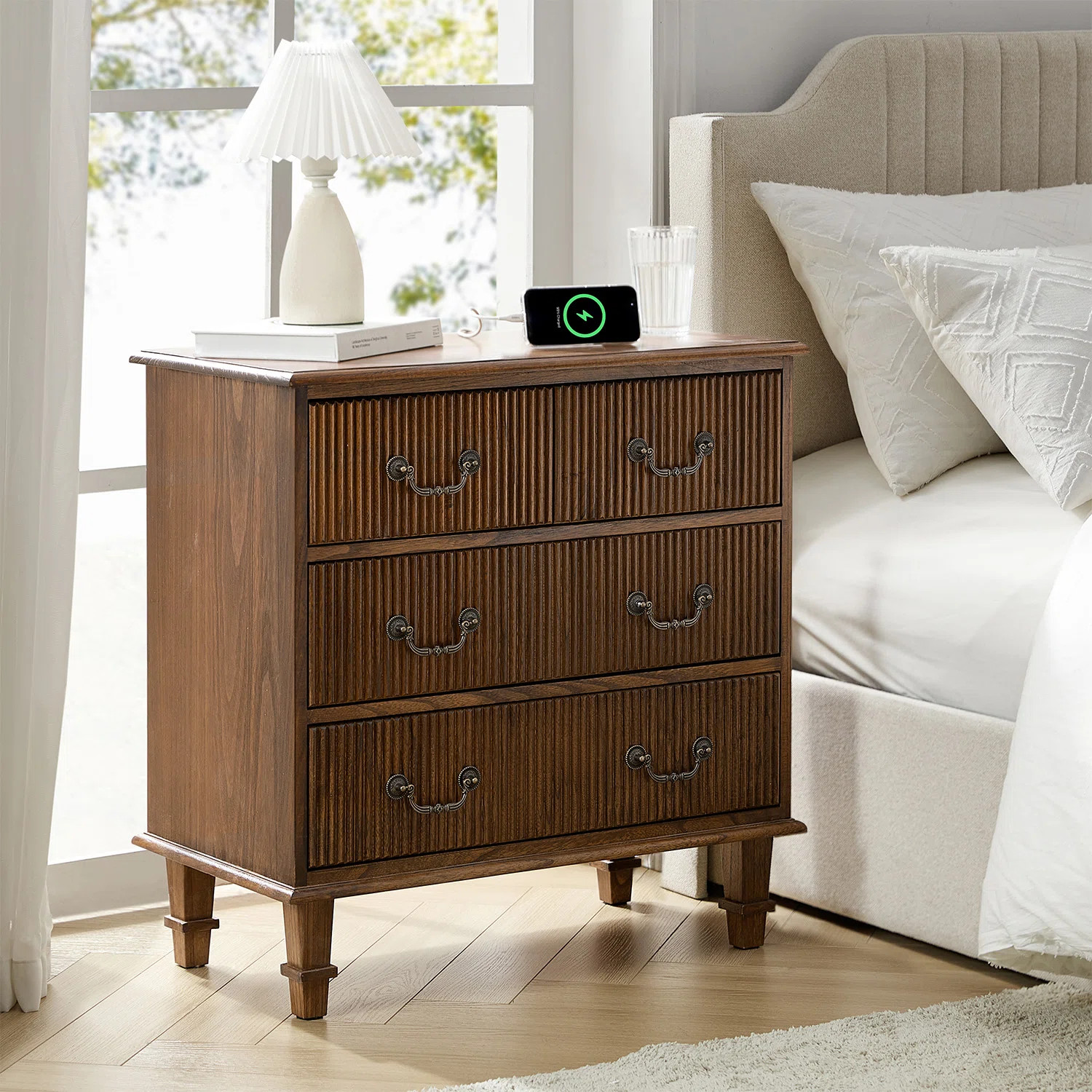 Kaybri 28"W Solid Paulownia Wood 4-Drawer Nightstand with Charging Station | Wayfair North America