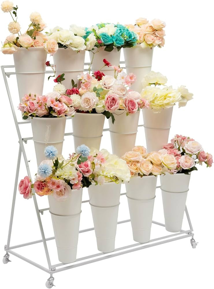 Flower Display Stand With 12PCS Buckets 3 Layers Flower Cart Display Stand With Wheels Heavy Duty... | Amazon (US)