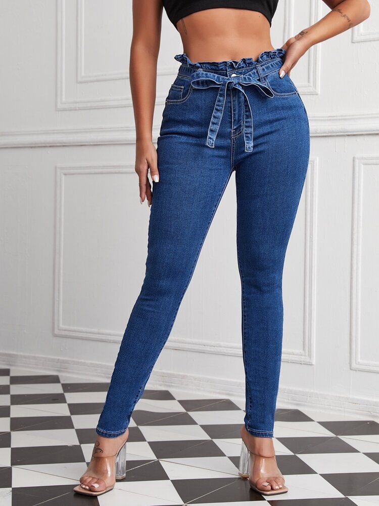 Paperbag Waist Belted Skinny Jeans | SHEIN
