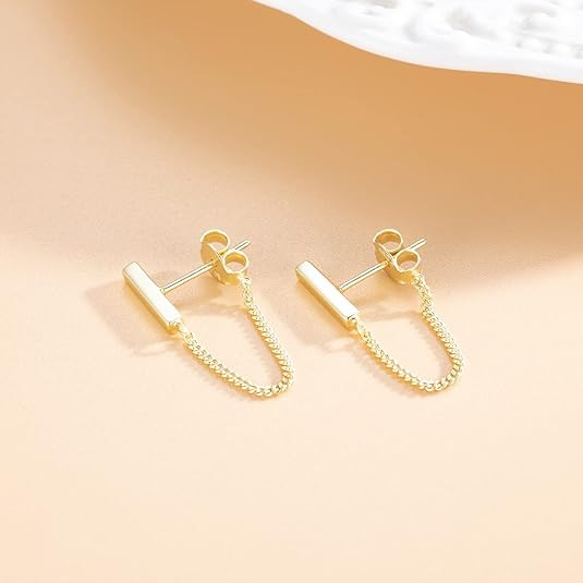 Reffeer Solid 925 Sterling Silver Stud Earrings Minimalist Bar Earrings with Chain Dangle Earring... | Amazon (US)