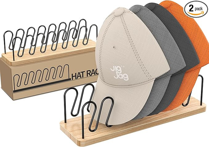 Hat Organizer - 2 Pack Premium Wood and Metal Design Hat Storage for 14 Caps - Tabletop Hat Racks... | Amazon (US)