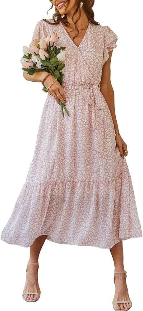 PRETTYGARDEN Women's 2023 Floral Summer Dress Wrap V Neck Short Sleeve Belted Ruffle Hem A-Line B... | Amazon (US)
