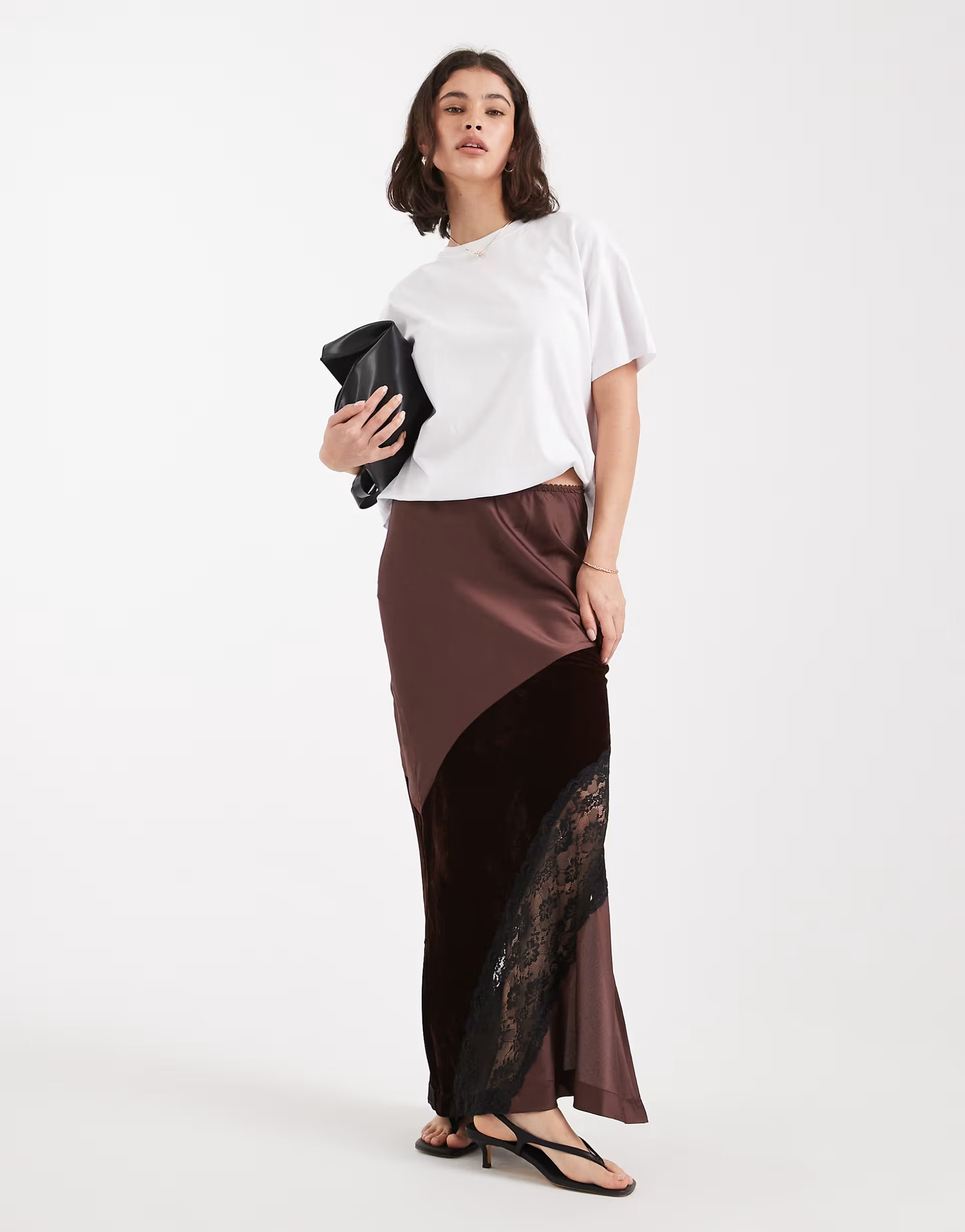 ASOS DESIGN velvet and lace mix satin maxi skirt in chocolate | ASOS (Global)