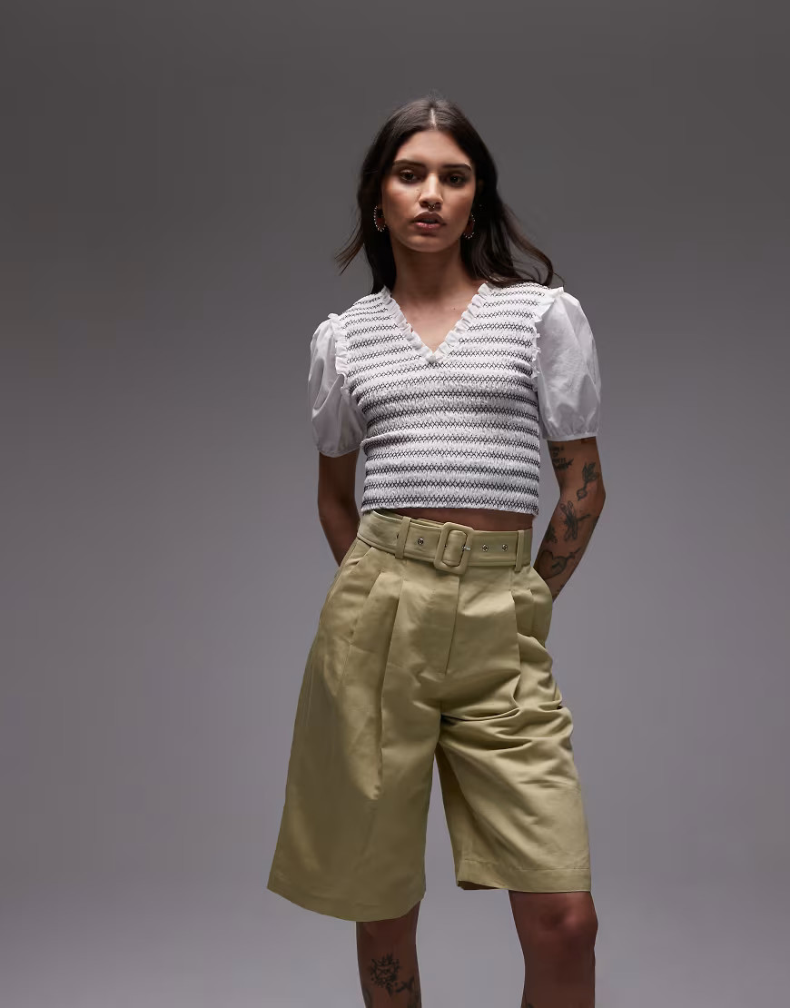 & Other Stories linen blend longline bermuda shorts with belt in buttermilk yellow-Green | ASOS (Global)