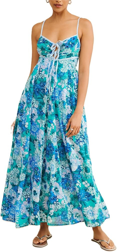 Women Y2k Boho Maxi Dress Tie Front V Neck Cami Flowy Dress Summer Causal Floral Beach Vacation S... | Amazon (US)