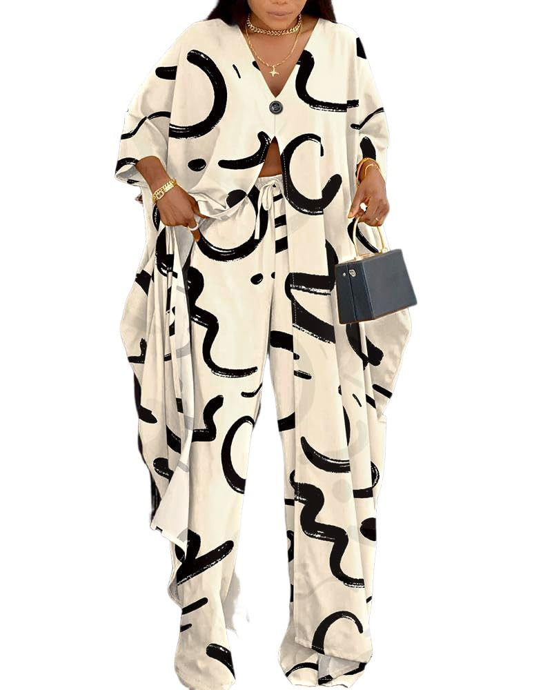 CHICME Women's 2 Piece Outfits Abstract Print Batwing Sleeve V Neck Top with High Slit and Loose ... | Amazon (US)