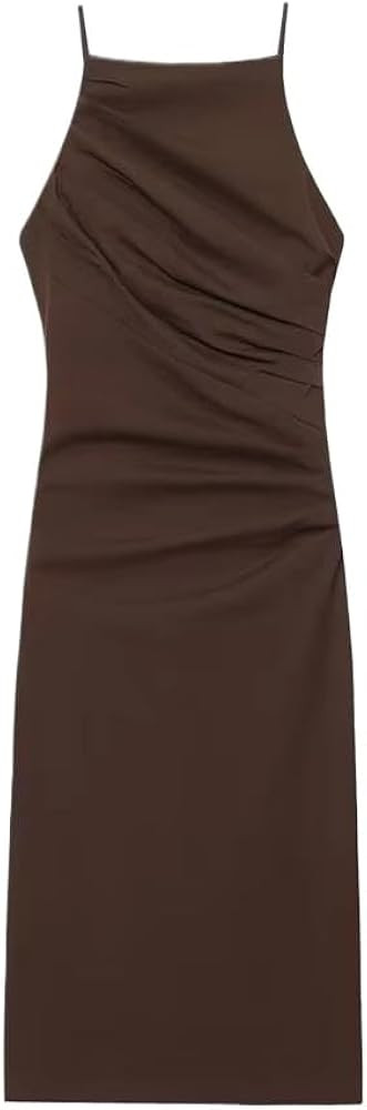 Women's Solid Color Camisole Mid Calf Dress with Backless Design Summer Casual Polyester Midi Ski... | Amazon (US)