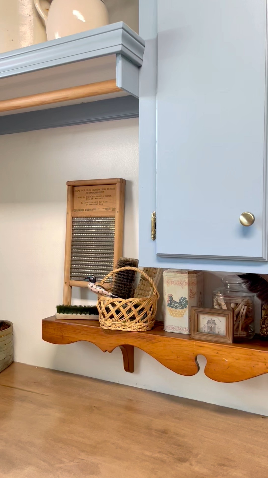 Hang a curtain rod from your ceiling and add S hooks to create a cozy basket holder 🧺. 
Baskets, hanging baskets, cottage decor, laundry decor 

#LTKHome