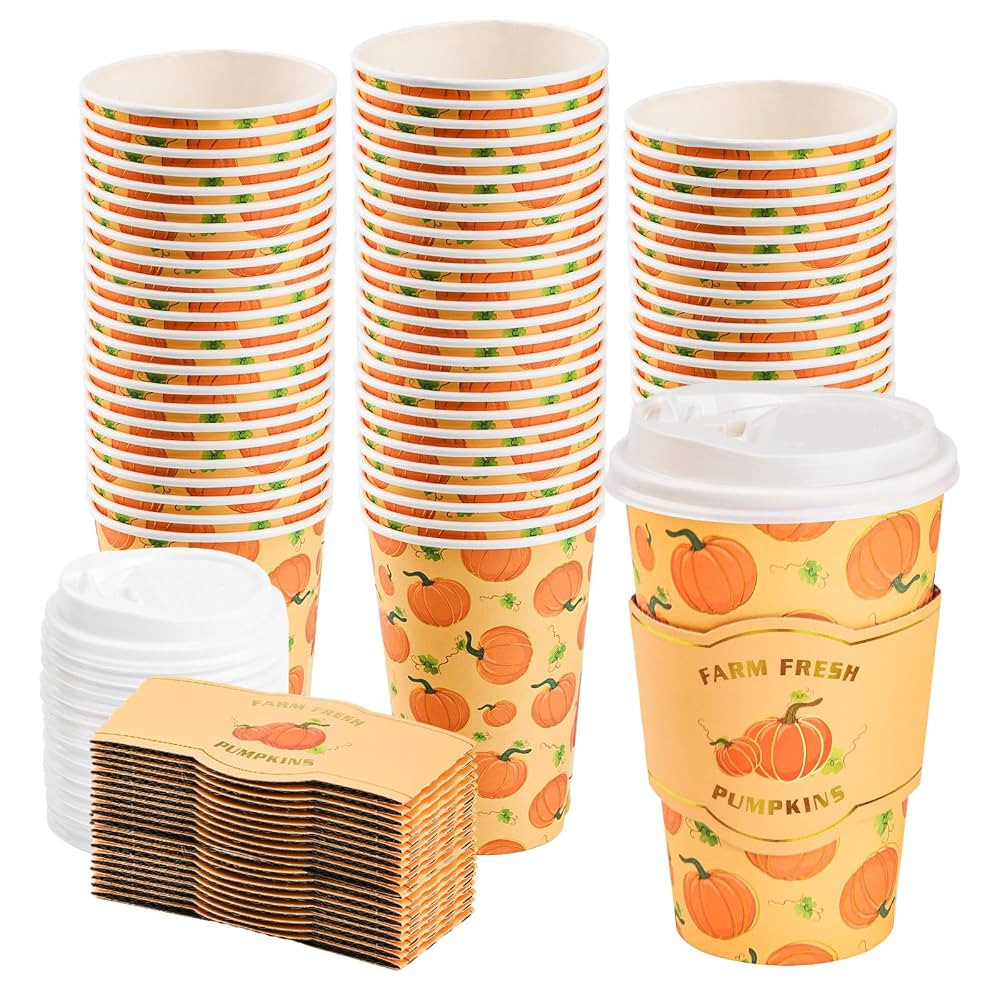 48 Pack 16 oz Fall Disposable Coffee Cups with Lids and Sleeves Autumn Pumpkin To Go Paper Coffee... | Amazon (US)
