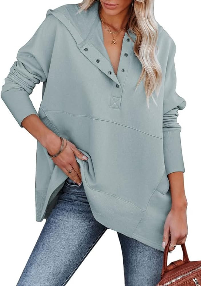 SHEWIN Womens Oversized Sweatshirt Hoodies Casual Button V Neck Hooded Pullover Tops with Pocket | Amazon (CA)