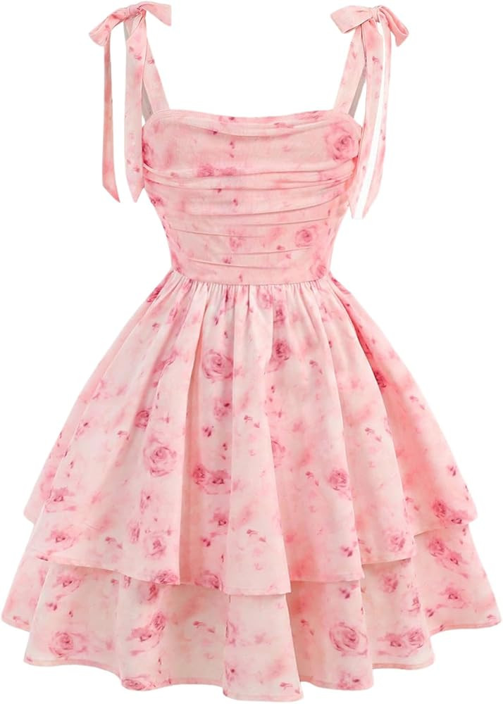 Floerns Girl's Floral Tie Shoulder Cami Dress Ruched Layered Ruffle Hem Short Dresses | Amazon (US)