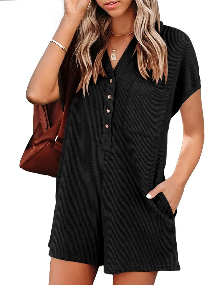 Saodimallsu Womens V Neck Button Romper Casual Waffle Knit Short Sleeve Playsuit Short One Piece ... | Amazon (US)