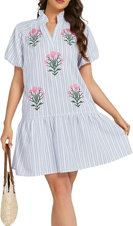 Womens Floral Boho Dress Striped Embroidered Mini Dress Puff Sleeve V Neck Ruffle Hem Babydoll Dr... | Amazon (US)