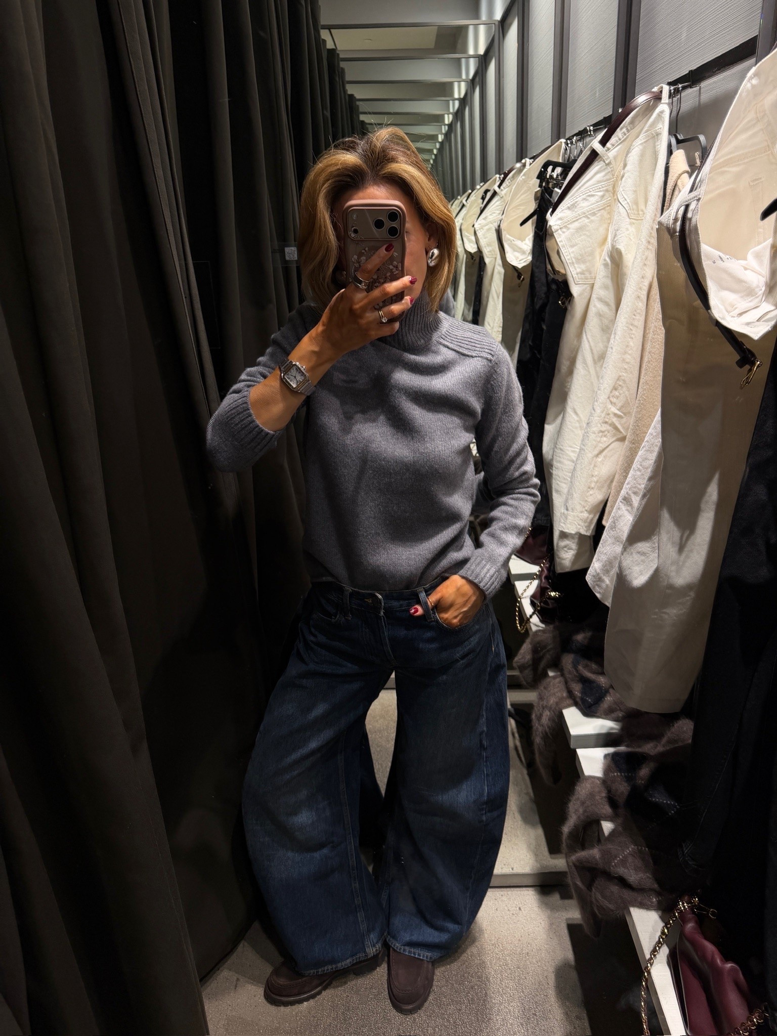 Zara I took home, these curved jeans (size 4) are so cool and this sweater drapes so nicely but the wool is pretty itchy