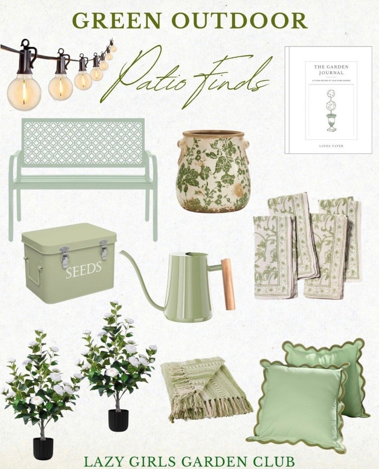Green summer patio decor 💚


Outdoor decor, green watering can, green cloth napkins, green patio bench, outdoor shrub decorative, seed box, throw blanket, string lights, throw pillows, gardening book

#LTKSeasonal #LTKHome #LTKSaleAlert