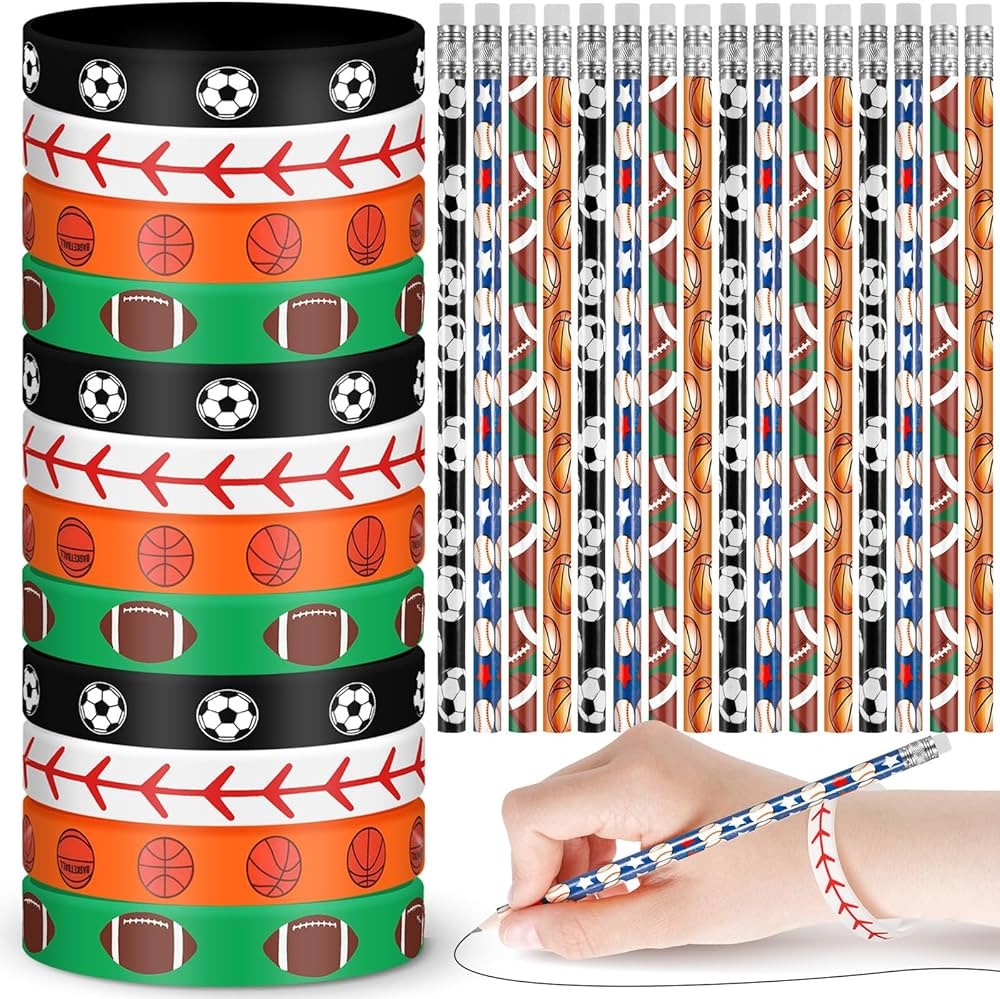 Sabary 48 Pcs Sports Pencils Silicone Bracelets Set Soccer Football Basketball Baseball Wooden Pe... | Amazon (US)