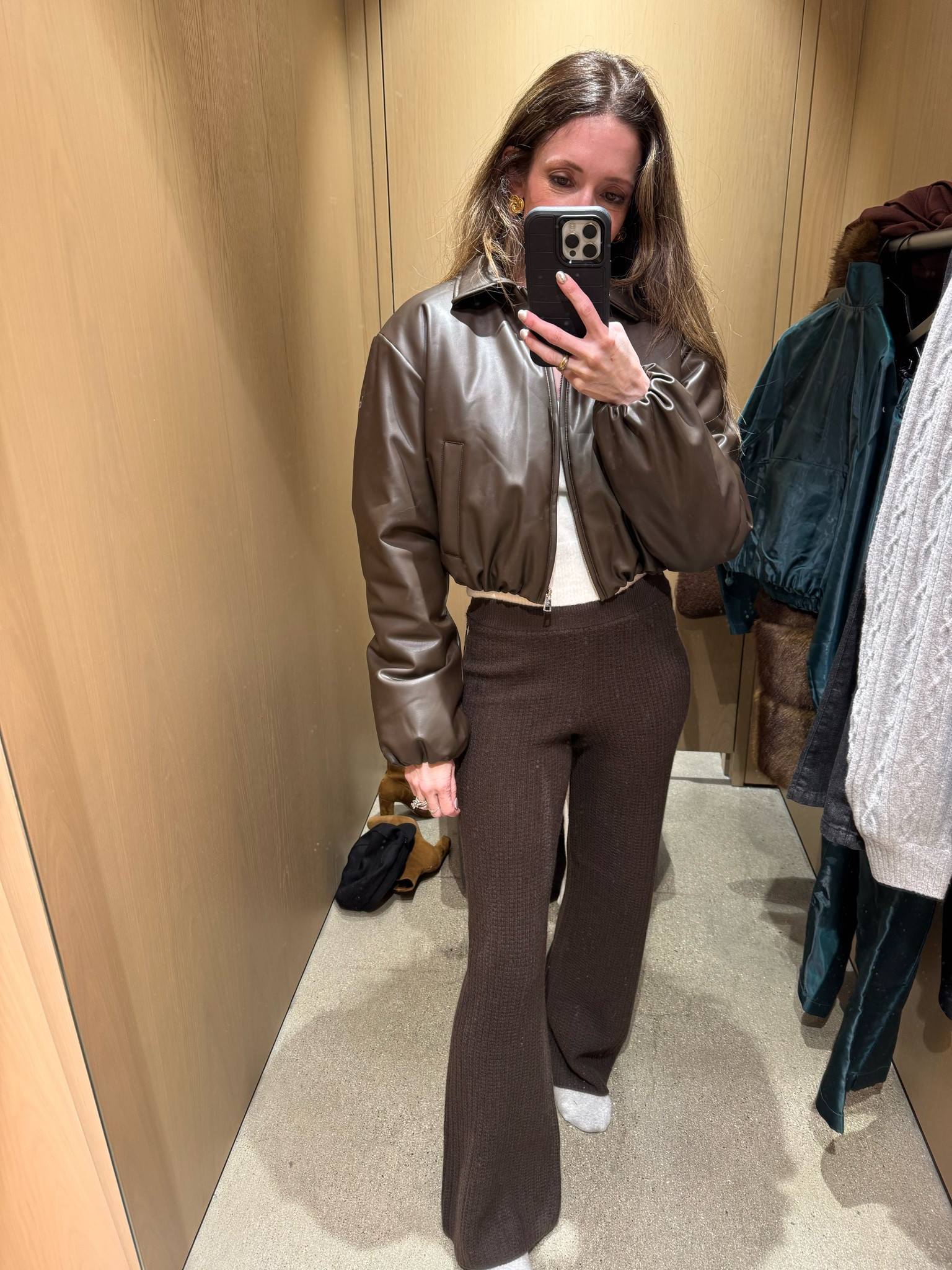 Faux leather bomber in chocolate or black 
Knit cashmere pants

#LTKFindsUnder100 #LTKStyleTip #LTKActive