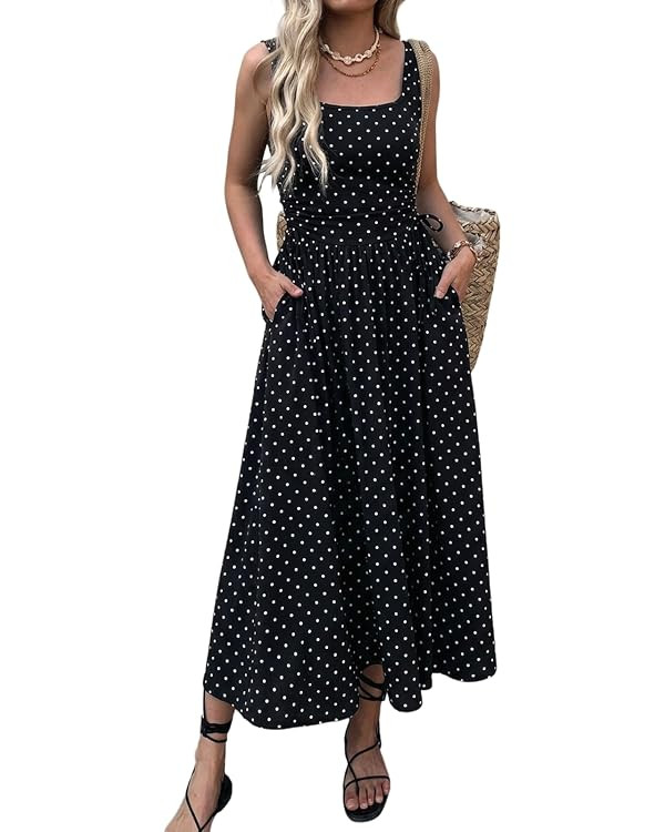Mieazom Women’s Boho Summer Maxi Dress with Pockets, Adjustable Waist, Sleeveless Casual Ruched... | Amazon (US)