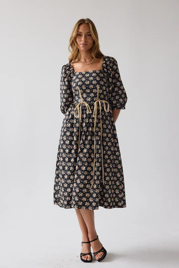 Gloria Floral Midi Dress in Black | Böhme US