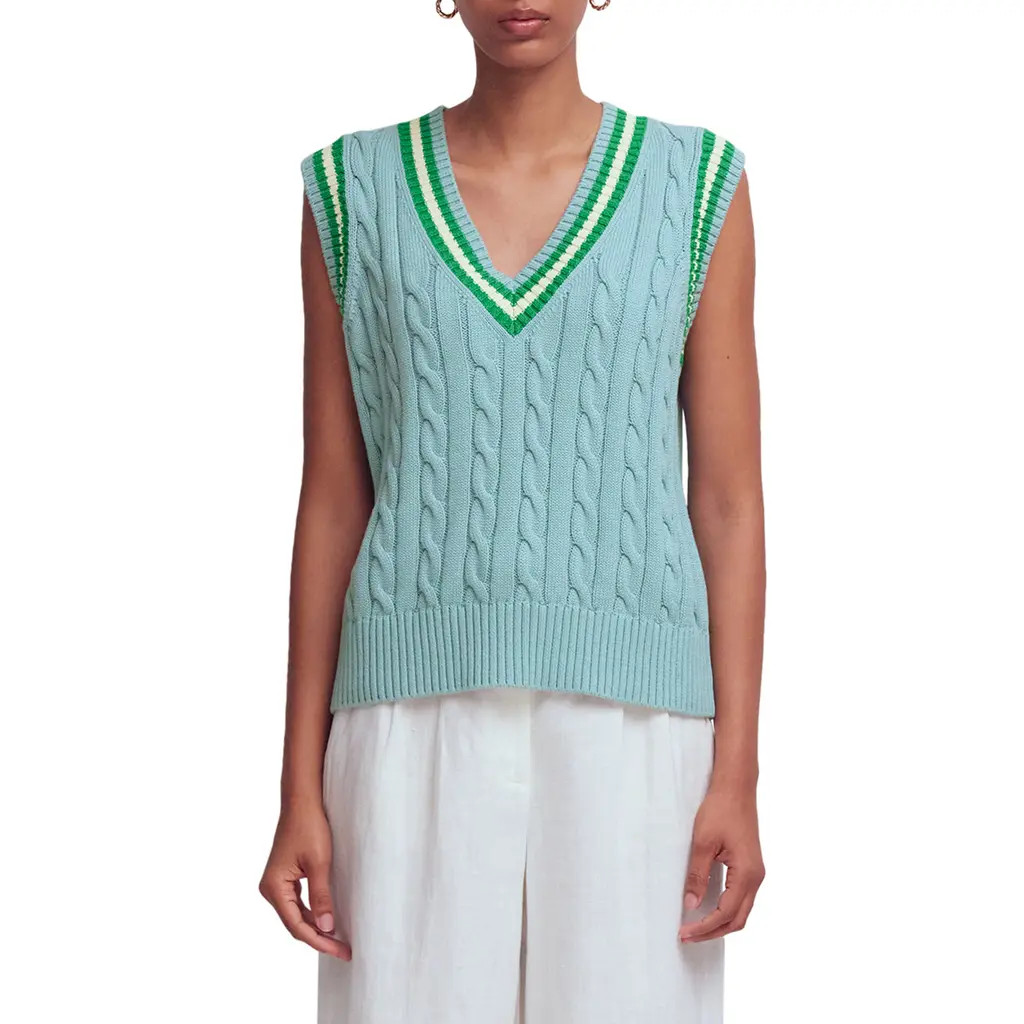 Boden Maeve Cable Knit V-Neck Sweater Vest in Blue Green at Nordstrom, Size Large | Nordstrom