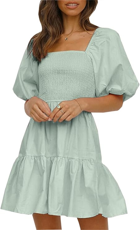 Angashion Women Square Neck Dress Solid Short Puff Sleeve Smocked Waist Knee Length Ruffle Summer... | Amazon (US)