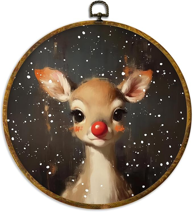XPH Christmas Red Nose Reindeer Round Wall Art Framed, Christmas Whimsical Deer Circle Wall Decor... | Amazon (US)