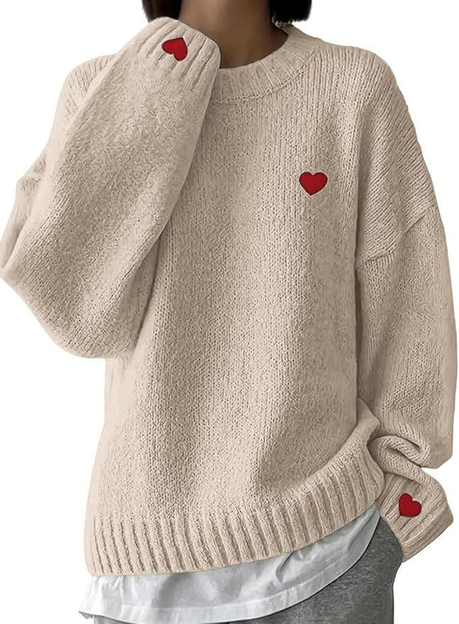 Women’s Heart Embroidery Soft Sweaters Long Sleeve Crew Neck Casual Spring Fall Oversized Knit ... | Amazon (US)