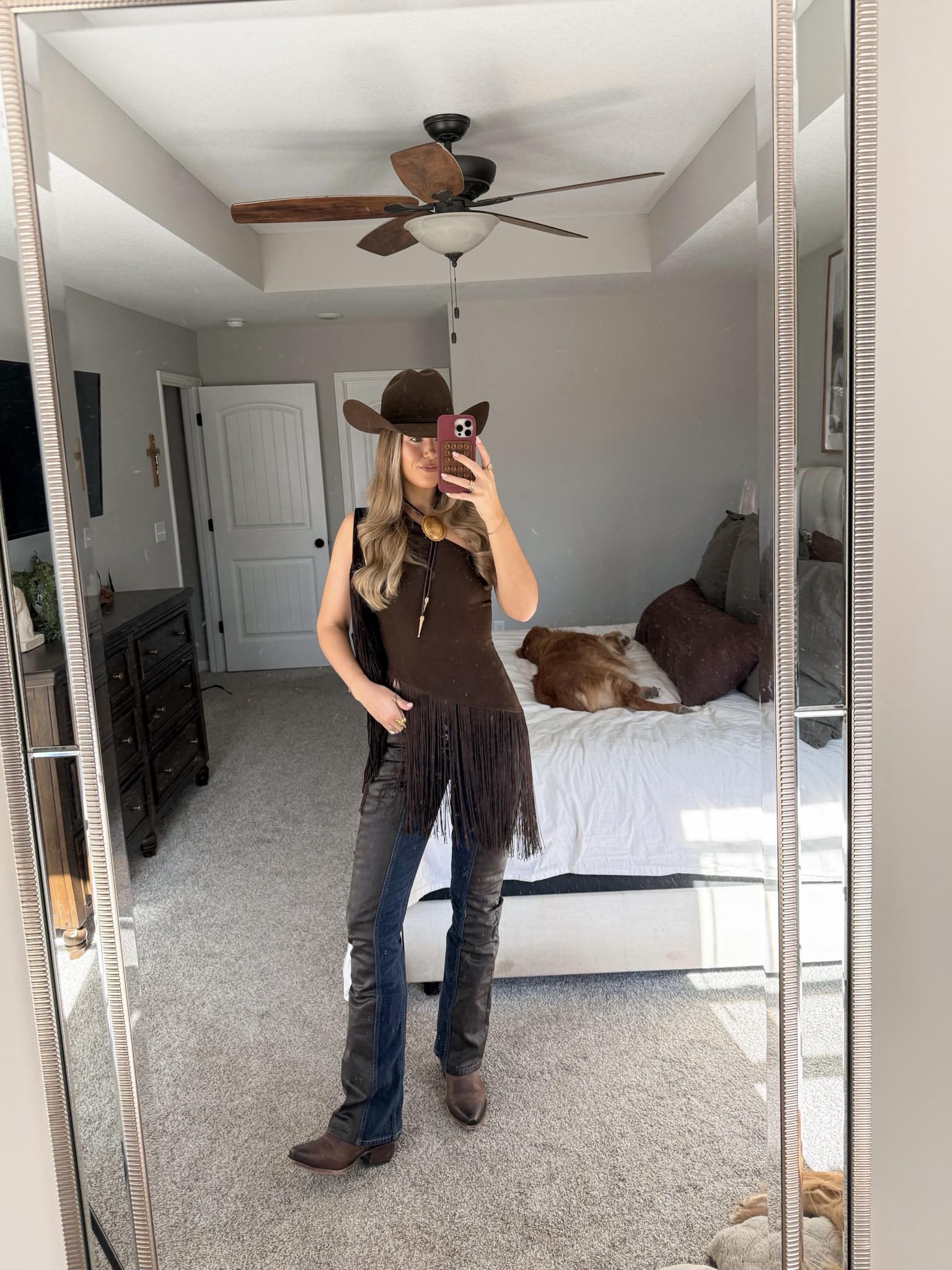 jeans in a 26/long, fringe top is from boohoo but it sold out - i found a few very similar options. size down half size in cowboy boots, hat is rodeo king (can’t link) and bag is old so linking similar 

western outfit, rodeo outfit, country concert outfit 

#LTKgrwm #LTKootd #LTKSeasonal