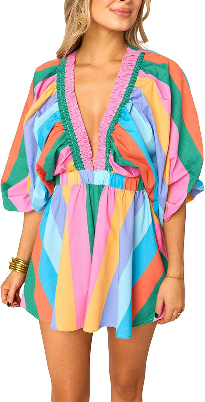 Women Summer Deep V Neck Floral Print Romper Shorts Striped Print Loose Fit Beach Vacation Jumpsu... | Amazon (US)