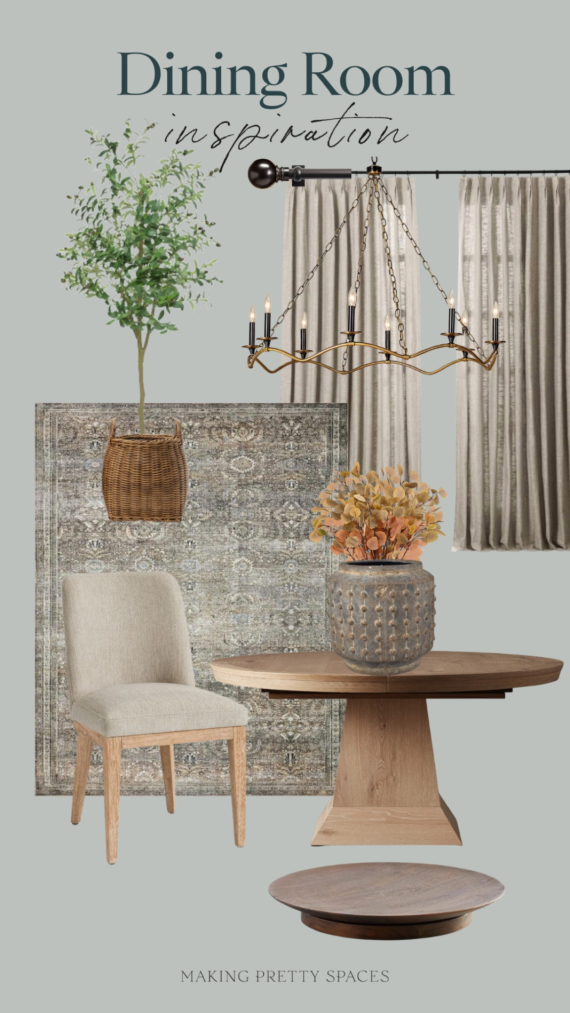 Dining room inspiration, faux plant, faux greenery, plant basket, vase, stoneware, lazy Susan, round table, dining table, area rug, curtains 

#LTKhome #LTKSeasonal #LTKfindsunder100