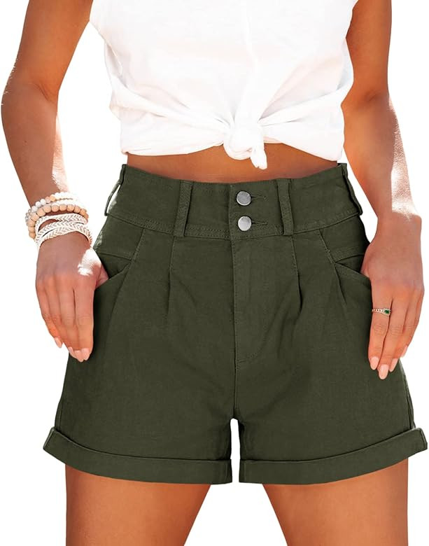 Teurkia Women's Summer Sexy High Waist Shorts Wide Leg Folded Hem Stretchy Button Denim Jean Shorts | Amazon (US)