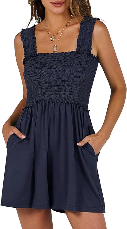 Caracilia Women's Summer Casual Smocked Rompers Square Neck Sleeveless Loose Shorts Jumpsuit 2026... | Amazon (US)