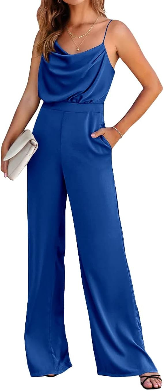 PRETTYGARDEN Women 2023 Sleeveless Spaghetti Strap Cowl Neck Backless Satin Jumpsuits Loose Wide ... | Amazon (US)