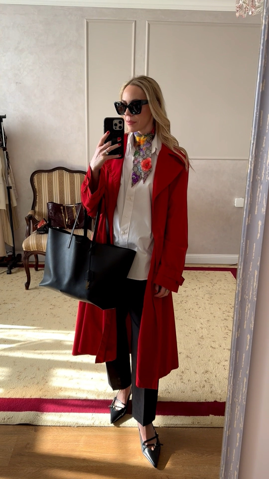 Work outfit, business casual workwear, red trench coat, Gucci silk scarf, black linen pants, Saint Laurent tote bag

#LTKWorkwear #LTKSeasonal #LTKOver40