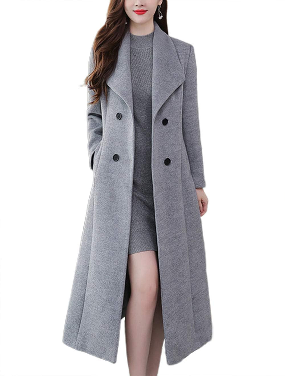 chouyatou Women's Maxi Long Wool Blend Pea Coat Shawl Collar Double Breasted Winter Trench Coat Overcoat | Amazon (US)