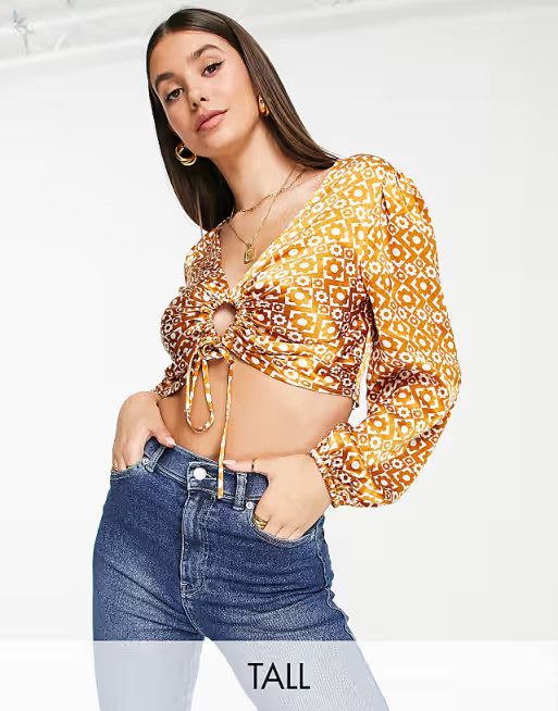Topshop tall crop geo floral top in brown | ASOS (Global)