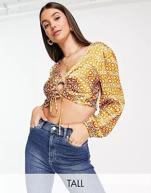 Topshop tall crop geo floral top in brown | ASOS (Global)