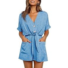 Ivay Womens V Neck Button Rompers Knot Tie Short Sleeve Sexy Loose Playsuit Jumpsuit with Pockets | Amazon (US)