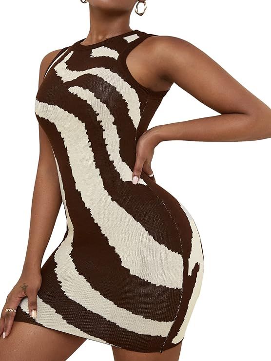 Floerns Women's Zebra Striped Print Sleeveless Bodycon Sweater Mini Dress | Amazon (US)