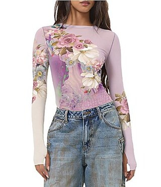 AFRM Kaylee Floral Printed Crew Neck Long Sleeve Mesh Top - S | Dillard's