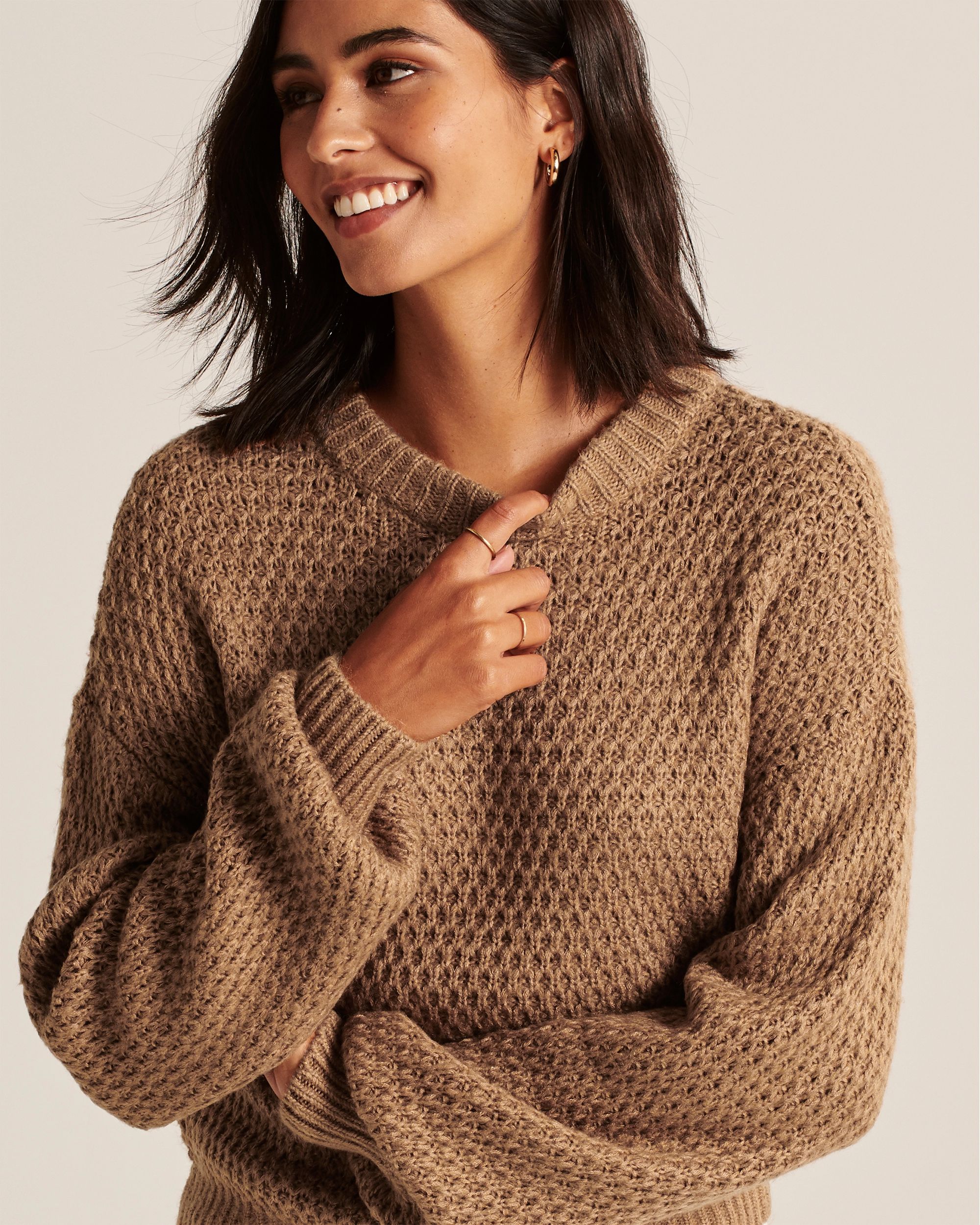 Women's Waffle Puff Sleeve Crew Sweater | Women's Tops | Abercrombie.com | Abercrombie & Fitch (US)