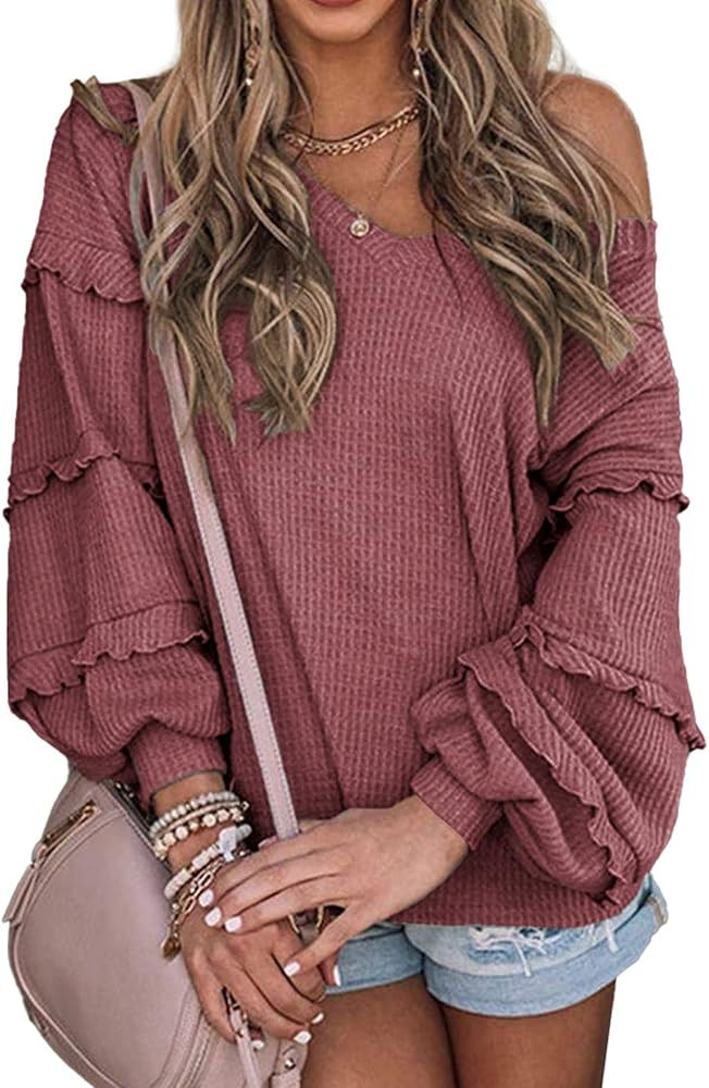 BTFBM Women’s V Neck Long Sleeve Blouse Loose Fit Tunics Ruffles Off Shoulder Waffle Knit Solid... | Amazon (US)