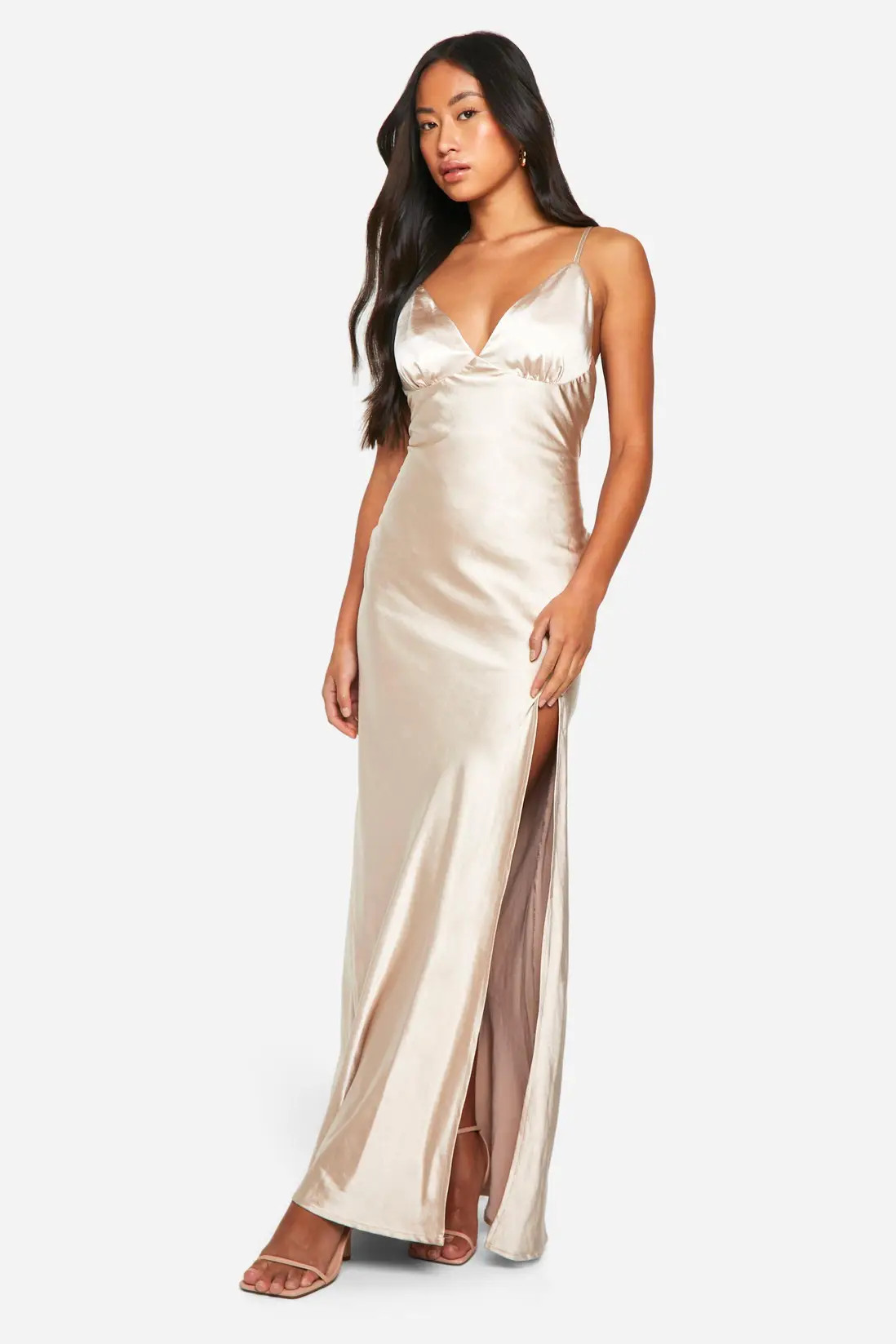 Oyster Bridesmaid Satin Strappy Maxi Dress | Boohoo USA | boohoo (US & Canada)