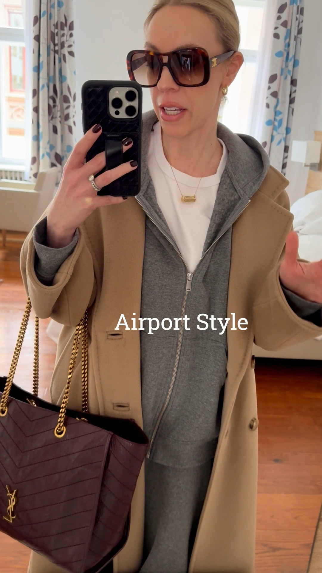 Casual chic airport outfit, travel look, airport style, camel coat, H&M gray sweatsuit, gray hoodie, burgundy YSL tote bag 

#LTKOver40 #LTKActive #LTKTravel