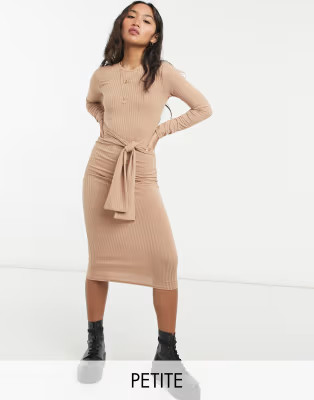 New Look Petite long sleeved ribbed tie front midi dress in camel | ASOS (Global)