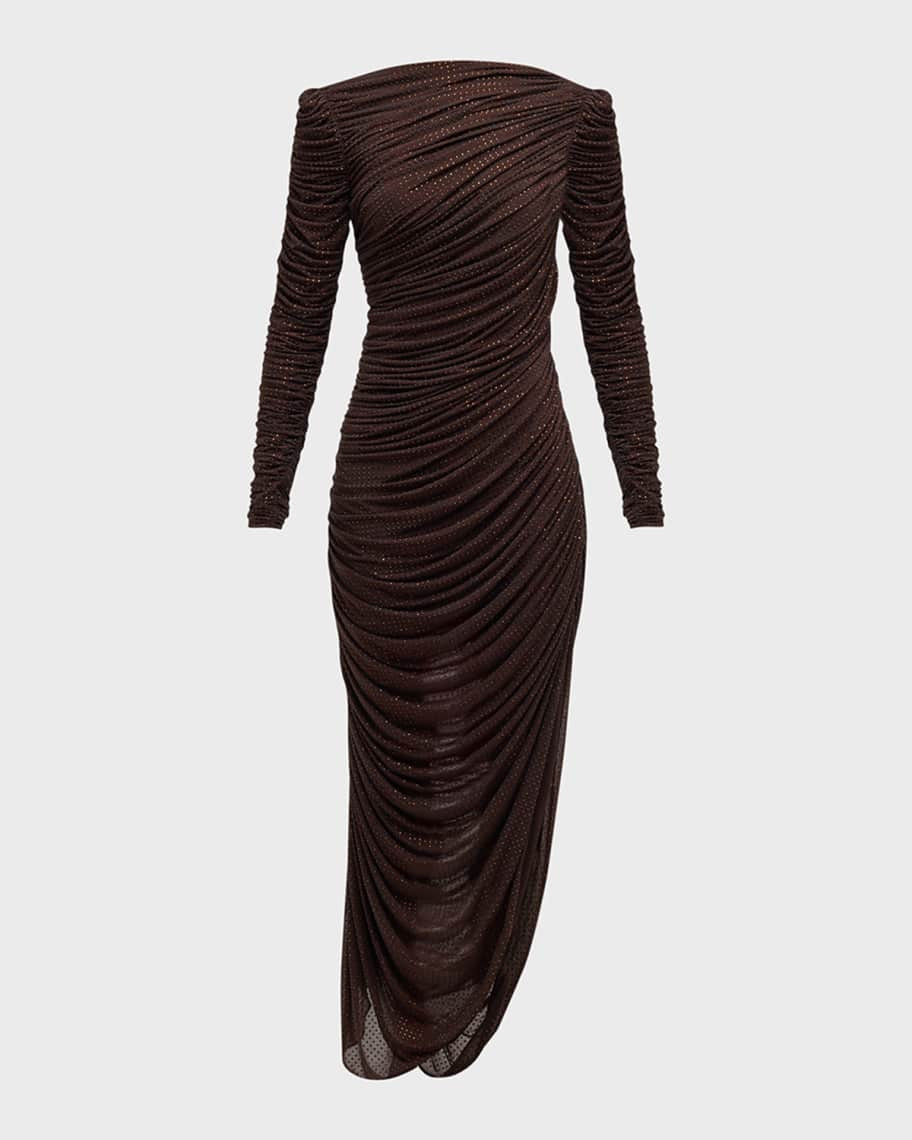 SIMKHAI Sanders Ruched Side-Slit Rhinestone Maxi Dress | Neiman Marcus