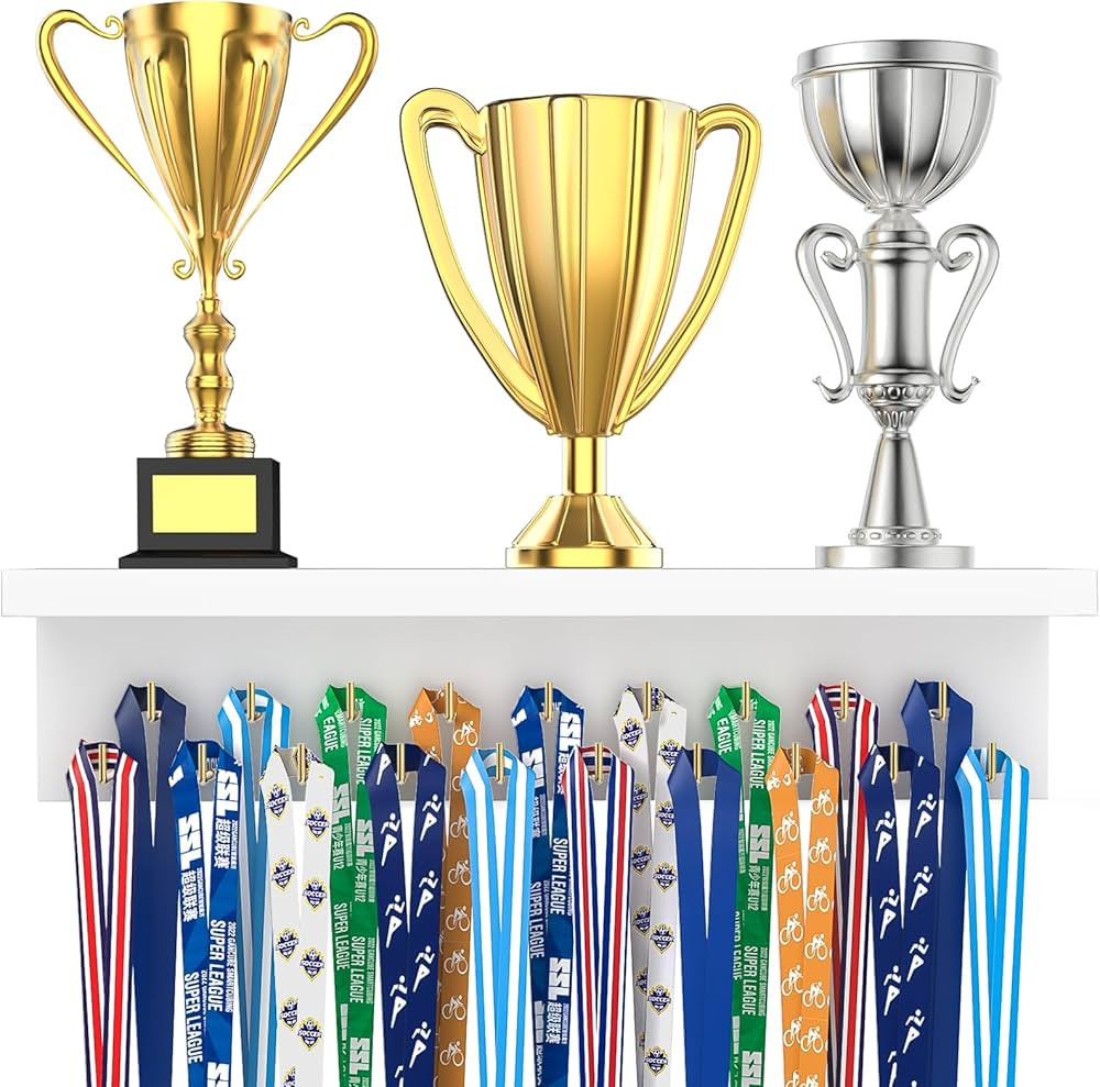 Wooden Medal Hanger Display and Trophy Shelf with 19 Hooks, Medal Holder Wall Mount, White | Amazon (US)