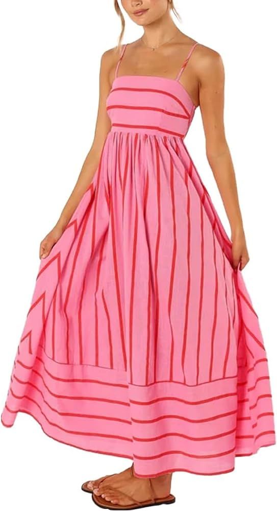 KMBANGI Women Striped Sleeveless Maxi Dress Swing Cutout Midi Dress Backless Smocked Spaghetti St... | Amazon (US)